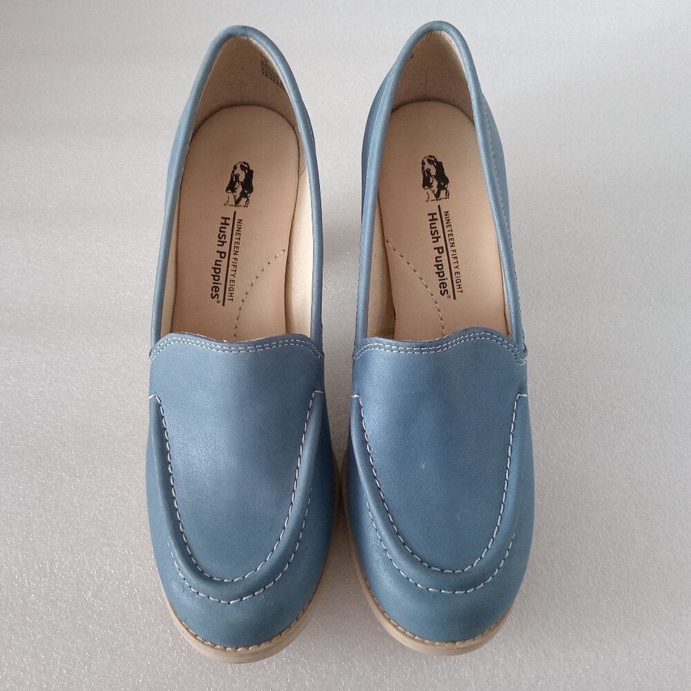 Hush Puppies Women's Blue Leather Block Heels Comfort Slip-on Loafers Size 8